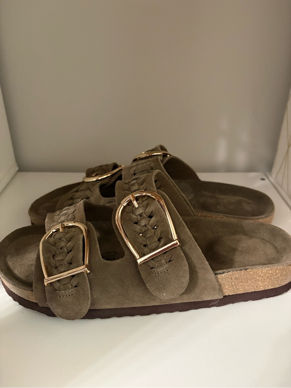 Cashew Cork Braided Double-Buckle Suede Slide Sandals - - Picture 5 of 8